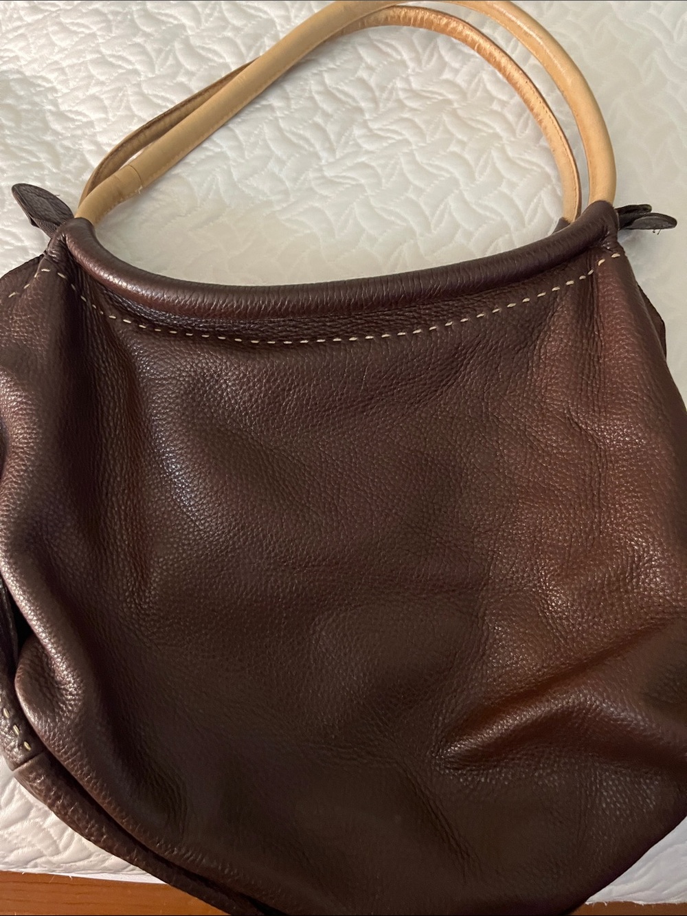 Dark Brown Leather Shoulder Bag with Tan Handles